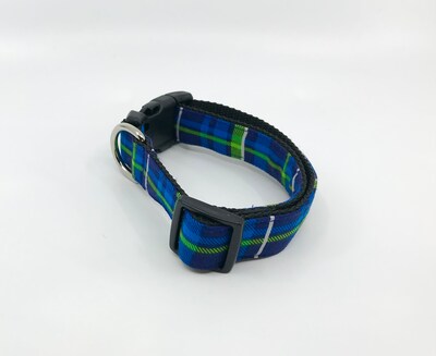 Bow Tie Dog Collar Blue And Lime Green Plaid Pet Collar Adjustable Sizes XS, S, M, L, XL - image3